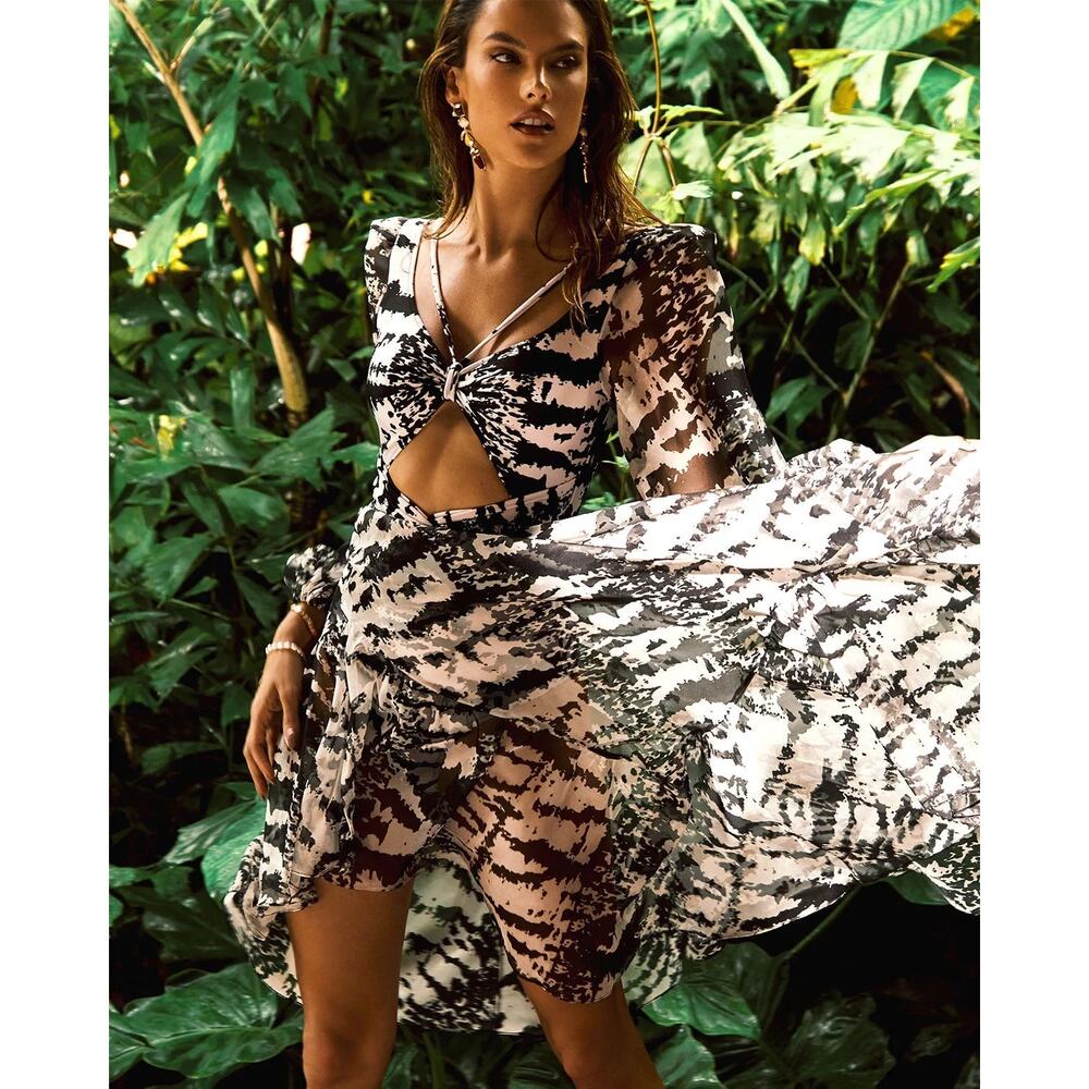 PatBO x Alessandra Ambrosio Black & White Abstract Print Halter Maxi Dress L